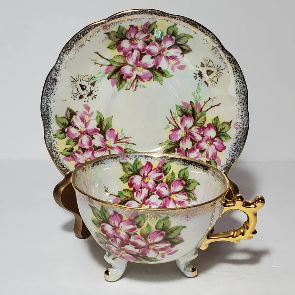 Sterling China Teacup and Saucer Pink Flowers Vintage